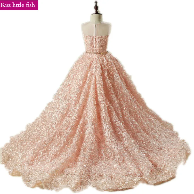 

Free shipping Pink long Trailing flower girl dresses Girls dresses for party and wedding Pageant dresses for girls