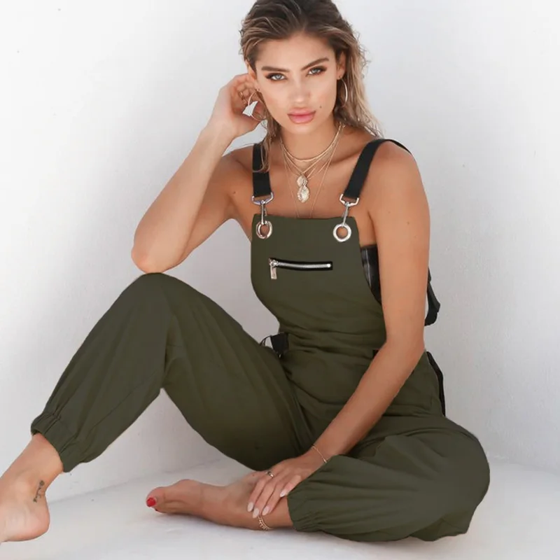

Women Jumpsuit Adjusted Suspender Strap Pockets Sleeveless Open Back High Waist Zipper Overalls For Women Streetwear Jumpsuit