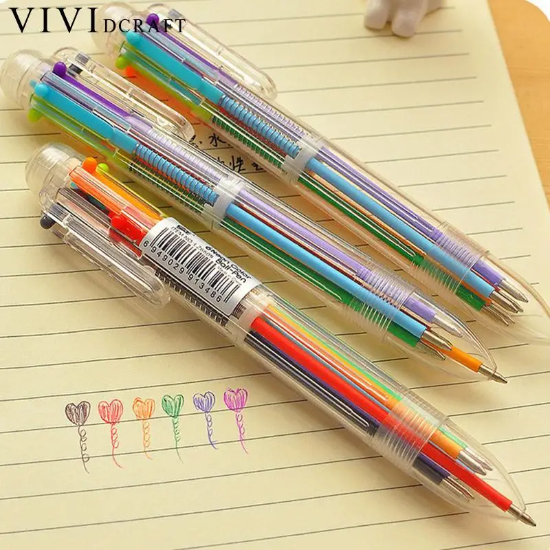 

Vividcraft 4pcs/lot 6 in 1 Multicolor Rainbow Ballpoint Pen Students Office Transparent Ball Point Ballpoint Kawaii Stationery