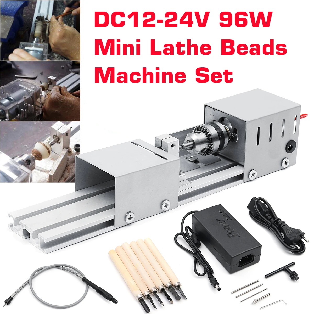 

Mini Lathe Beads Machine with Soft Shaft Woodwork DIY Lathe Standard Set with Power DC12-24V Carving Cutter Wood Lathe