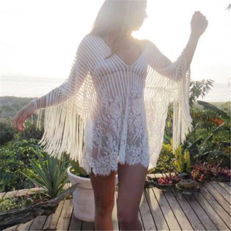 

Women Sexy Beach Dress Cover Ups Kaftan Sarong Summer Beachwear Mesh White Lace Tassels Swimwear