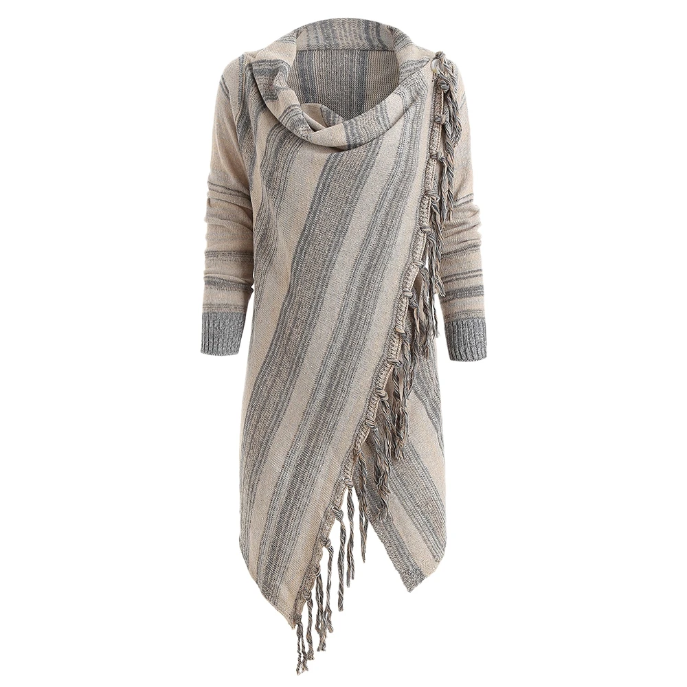 

Asymmetrical Fringe Hem Striped Cardigan