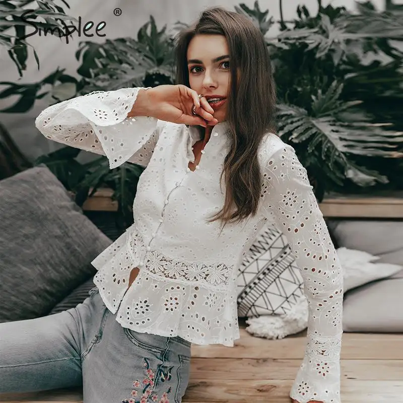 

Simplee Elegant hollow out embroidery women blouse shirt Vintage turtle neck white blouse Summer casual female top shirt 2019