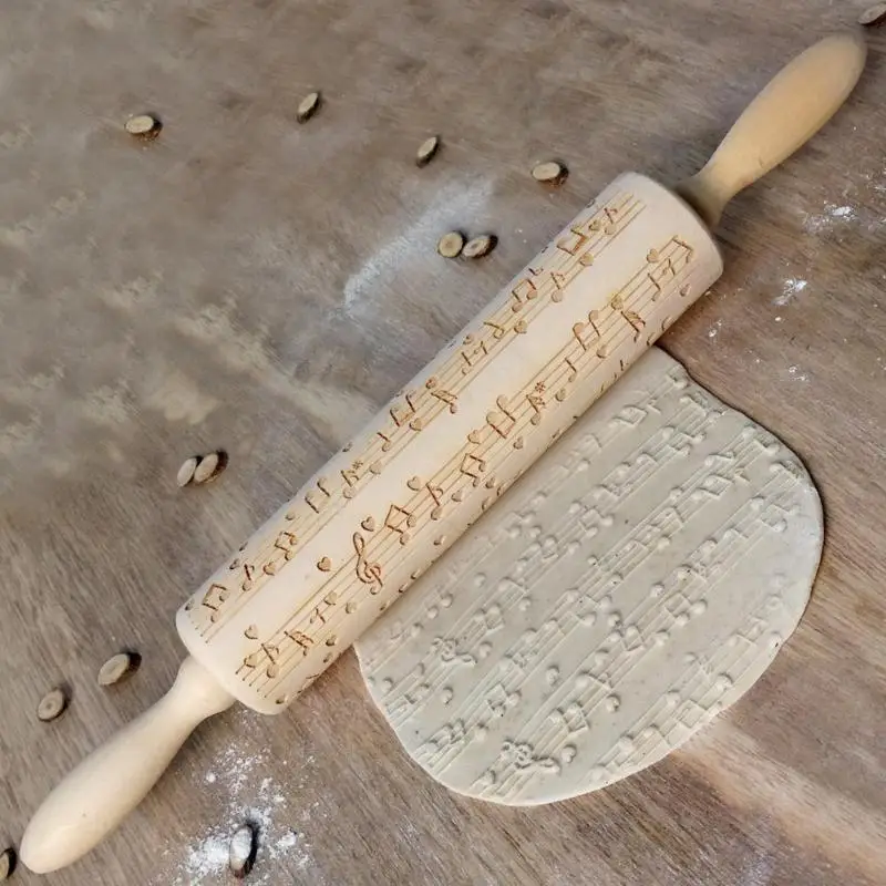 

Musical Note Star Embossing Rolling Pin Wood Embossing Rolling Pin DIY Baking Cookies Engraved Stencil