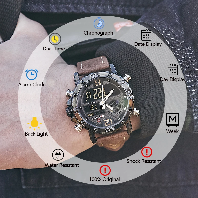 

Original NAVIFORCE Men Watch To Luxury Brand Mens Leather Sport Watches Quartz LED Digital Clock Waterproof Military Wrist Watch