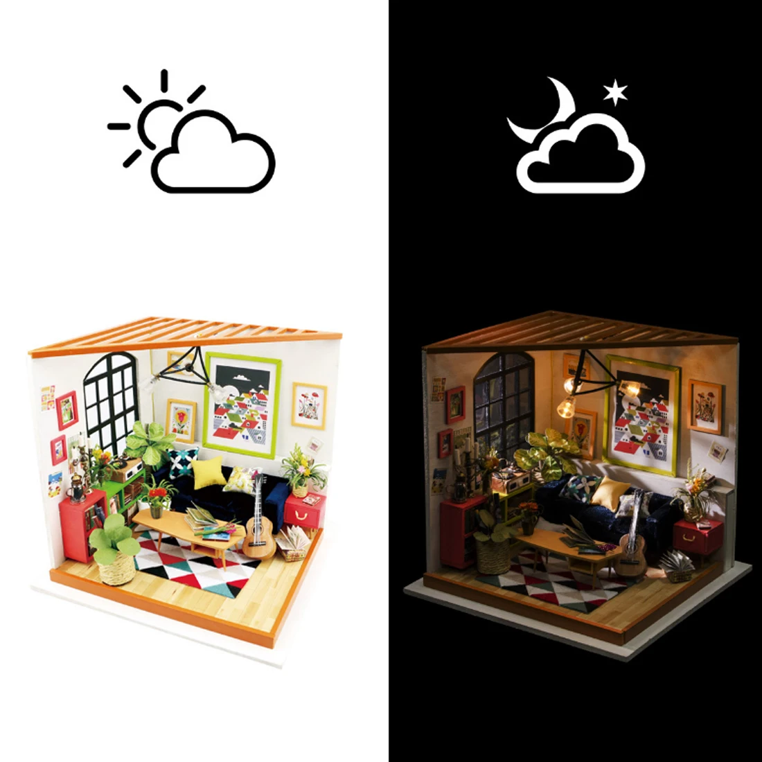 

Robotime Manual Assembly DIY Dollhouse Living Sitting Room Friends with LED Light Mini Guitar Flower Stem Toys for Home Decor