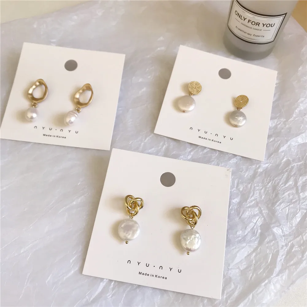 Модные корейские винтажные металлические золотые геометрические нерегулярные круглые квадратные натуральные пресноводные жемчужные серьги-гвоздики для женщин подарок