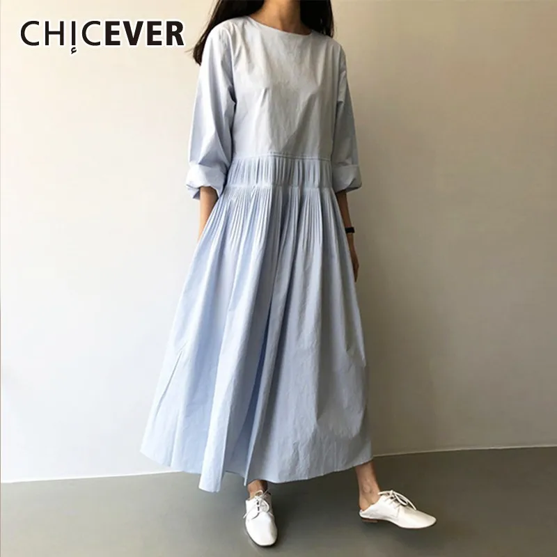 CHICEVER летнее повседневное однотонное женское платье с круглым вырезом и рукавом