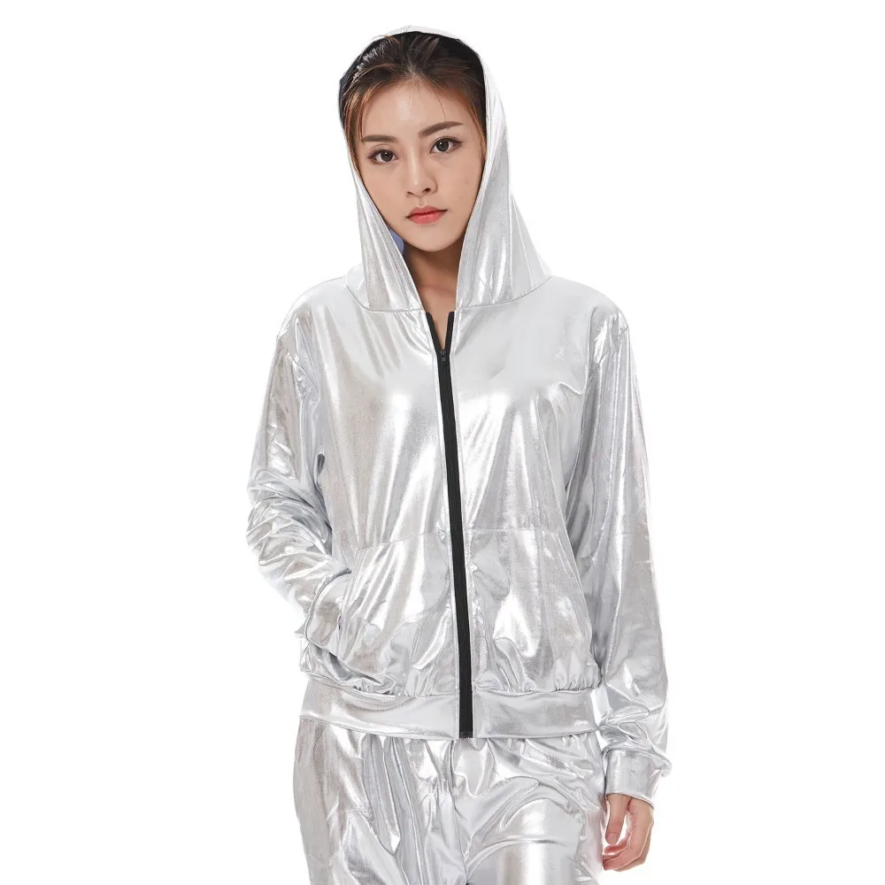 2018 جديد ربيع الخريف طفل Audlt منفذها جيوب سترة الفضة المرحلة الأداء شىء صغير براق الأنثوية Casaco الهيب هوب الرقص معطف