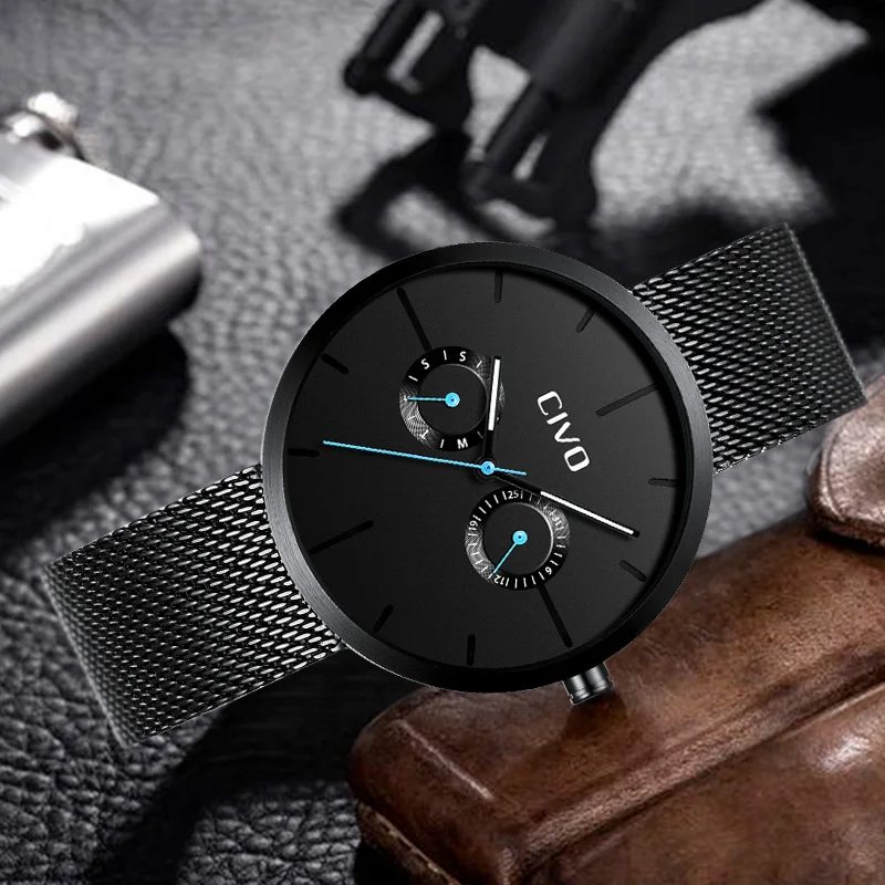 

Relogio Masculino CIVO Fashion Watches Mens Waterproof Date Wrist Watch Stainless Steel Mesh Band Sports Watches Women Men Clock