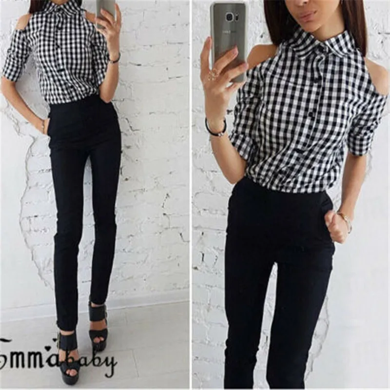 

2019 New Brand Women Blouses Long Sleeve Shirts Bllue Black Plaid Cold Shoulder Shirt Casual Female Plus Size XL Blouse Tops