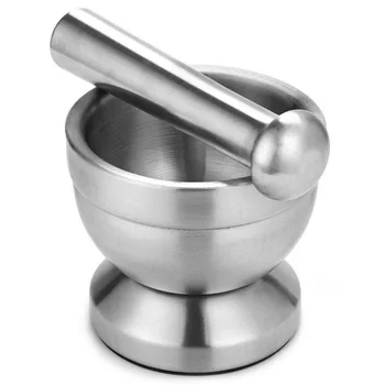 

Stainless Steel Silver Mortar Pestle Pot Garlic Spice Pharmacy Herbs Bowl Mill Grinder Crusher Kitchen Gadget Tool