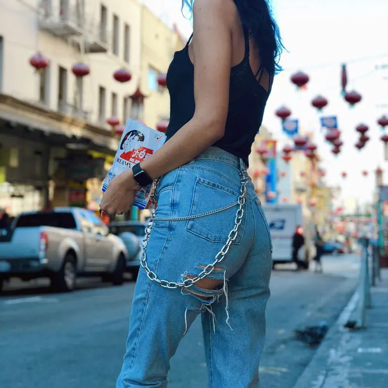 Spring Vintage Women's Ripped Mom Jeans High Waist 2019 Summer Chain Slim Harajuku Straight Trousers With Holes Women Streetwear