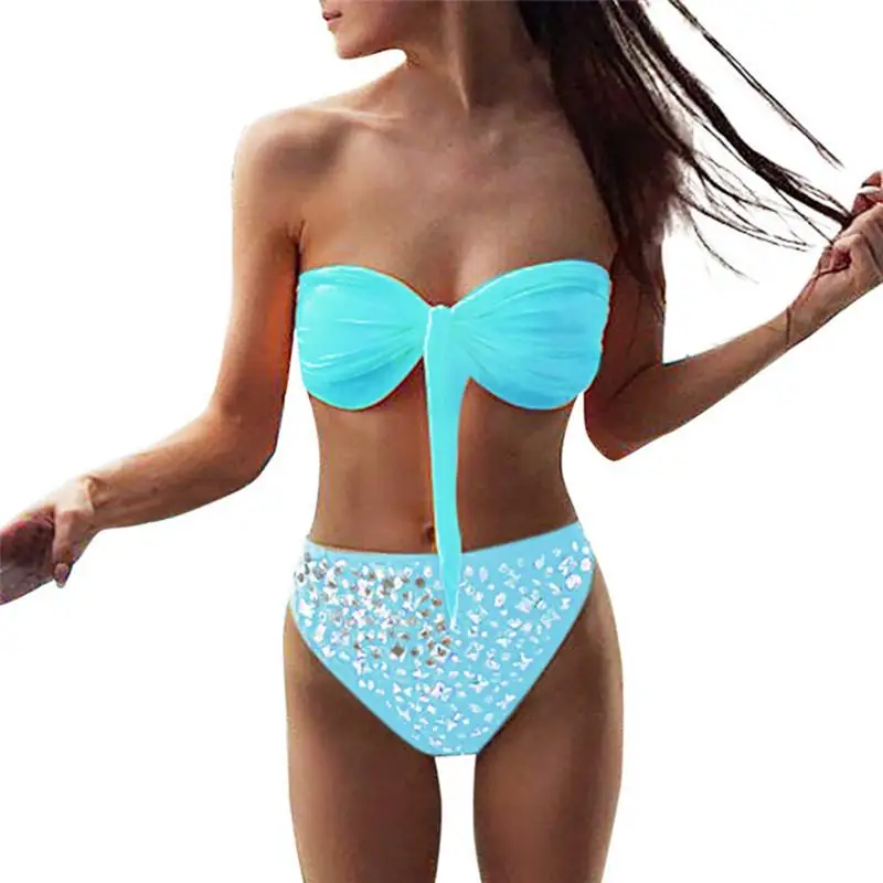 

2pcs Bikini Women's Strapless Swimsuits Rhinestones Wrapped Chest Contrasting Swimwear Solid Bikini Set Push-up Triangle Suit