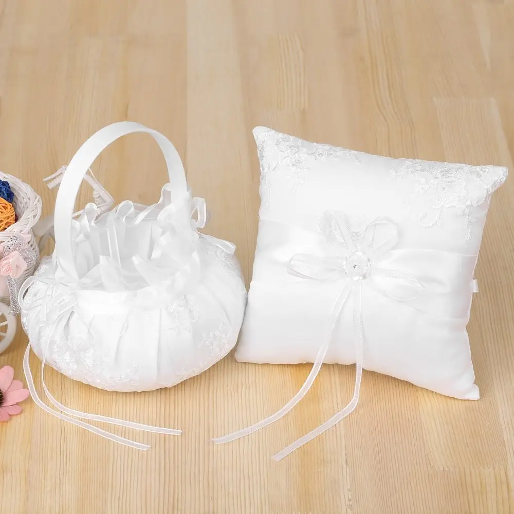 

Romantic Ivory Rhinestone Satin Wedding Ring Bearer Pillow and Wedding Flower Girl Basket Set Wedding Party Decoration