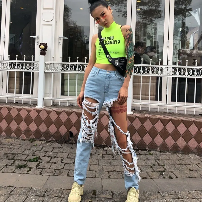 Женские рваные джинсы TWOTWINSTYLE весенние джинсовые брюки с высокой талией и
