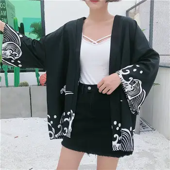 

2019 Summer Wave Print Shirt Traditional Japanese Black Kimono Women Cardigan Harajuku Sun Protection Blouse Loose Tops Q020