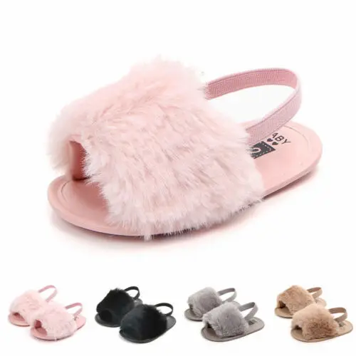 

UK Cute Toddler Baby Girl Princess Fluffy Fur Sandals Slippers Crib Shoes 0-18M