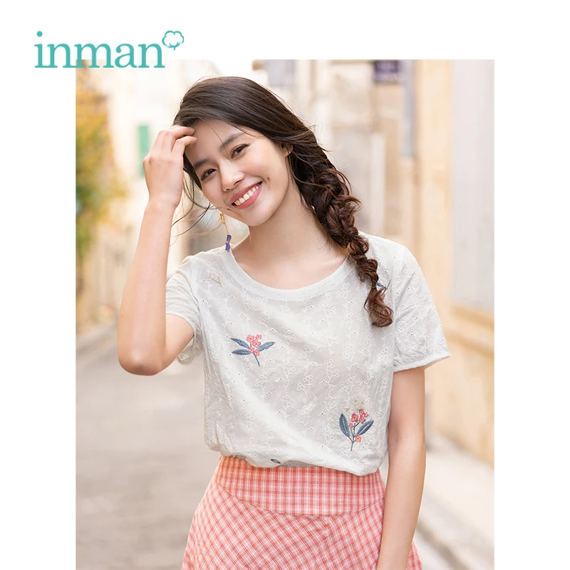 

INMAN 2019 Summer New Arrival O-neck Literary Embroidery Retro All Matched Loose Short Sleeve Women Shirt