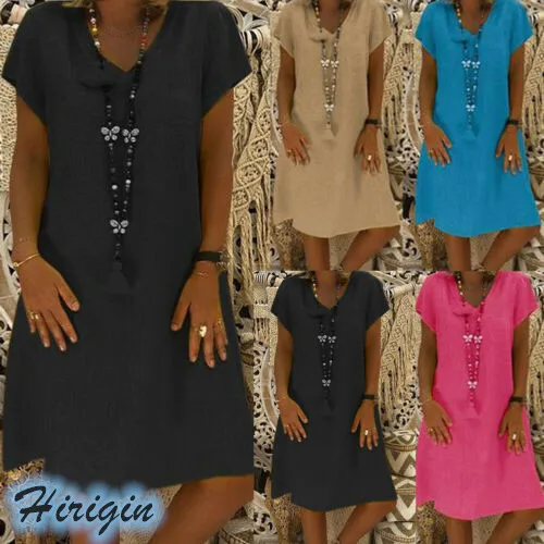 

Summer Dresses 2019 New Plus Size Womens Summer Casual V Neck Short Sleeve Loose Simple Dress Size S-3XL