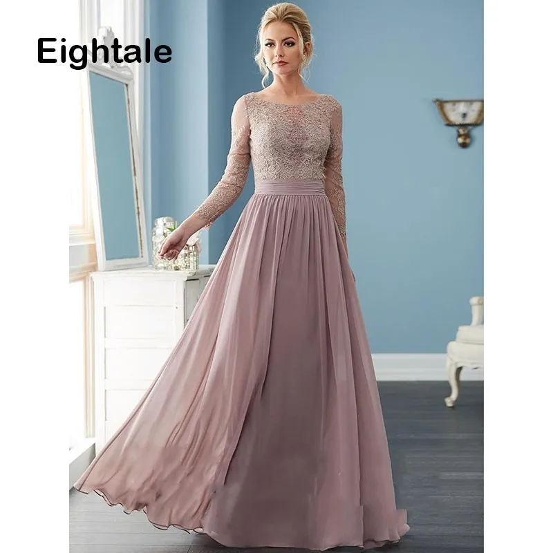 

Eightale Mother Of The Bride Dresses Long Sleeves Groom Godmother Dresses Light Brown 2019 Chiffon A Line Evening Dresses