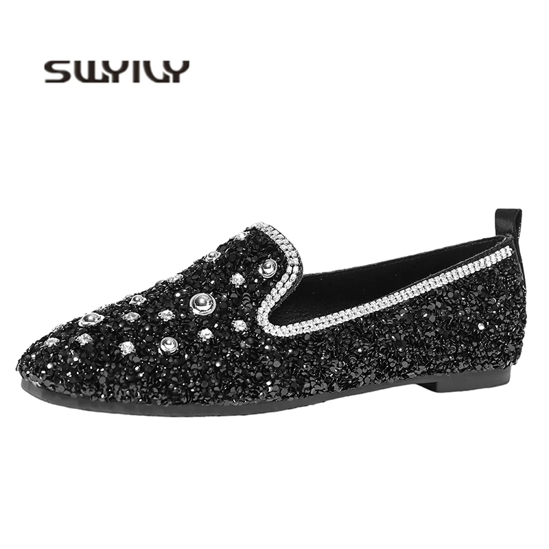 

SWYIVY Flats Shoes Woman Loafers 2019 Crystal Spring Bling Female Casual Shoes Flat Oxford Womens Footwear Loafers Flats Size 41