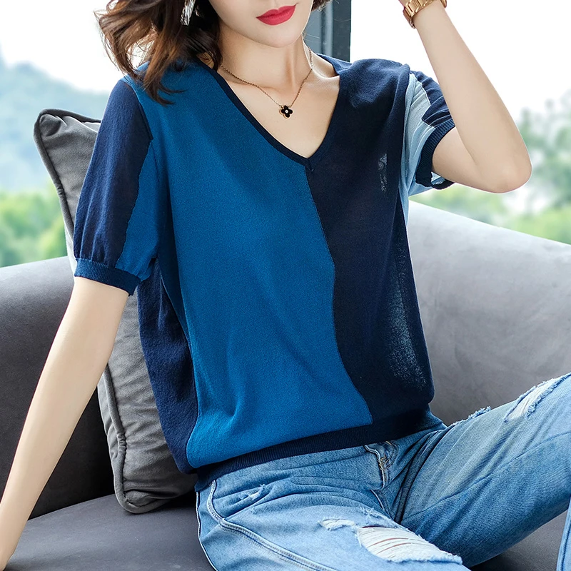 النساء البلوزات الصيف السترة و صداري Crewneck خليط السترة تويست سحب صداري 2019 يسبب محبوك البلوزات أعلى