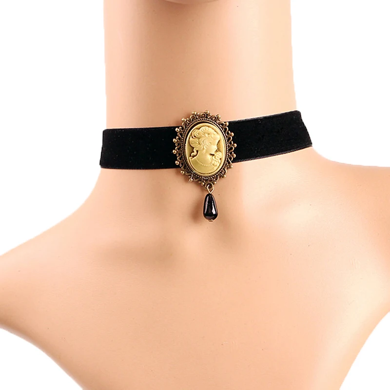 

Gothic Alloy Victorian Lady Head Cameo Bead Drop Pendant Black Ribbon Choker Chunky Vintage Retro Collar Necklace for Women