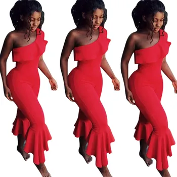 

2019 Summer New Pattern Fungus Edge Oblique Shoulder Woman Casual Jumpsuit