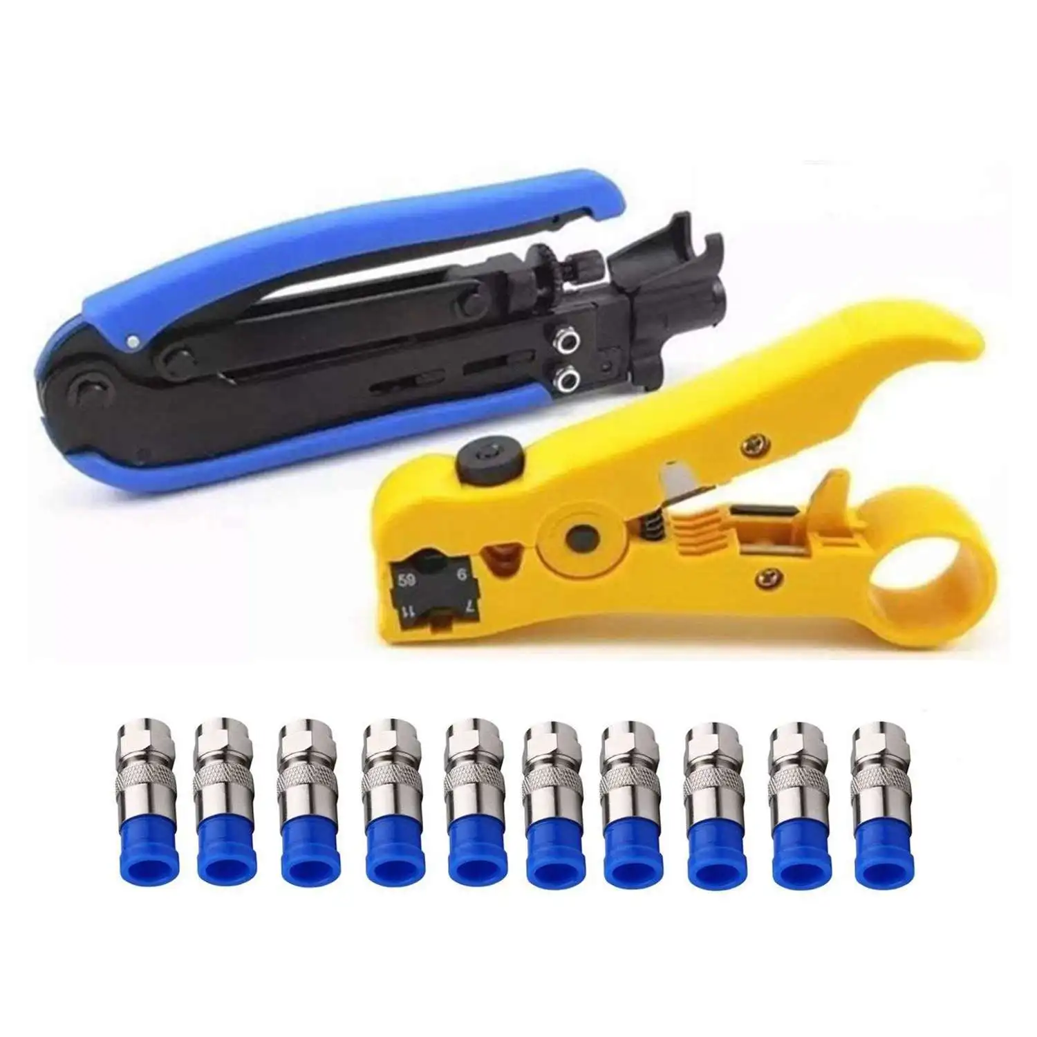 

Compression Tool Coax Cable Crimper Kit Adjustable Rg6 Rg59 Rg11 75-5 75-7 Coaxial Cable Stripper With 10 Pcs F Compressi