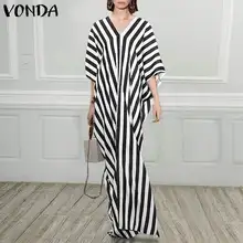 VONDA Для женщин платье в полоску летние пикантные Длинные рукава с v-образным вырезом длинное пляжное Платья для вечеринок Повседневное свободного размера плюс Vestidos