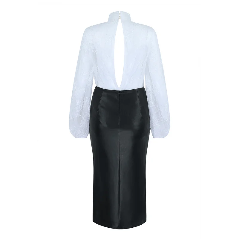 Jupe Dentelle Longues Cuir Élégant Blanc Haute De Soirée Pièces Tops Femmes Manches En Ouvert Robe Fourche 2 Qualité À 7x8XzZq