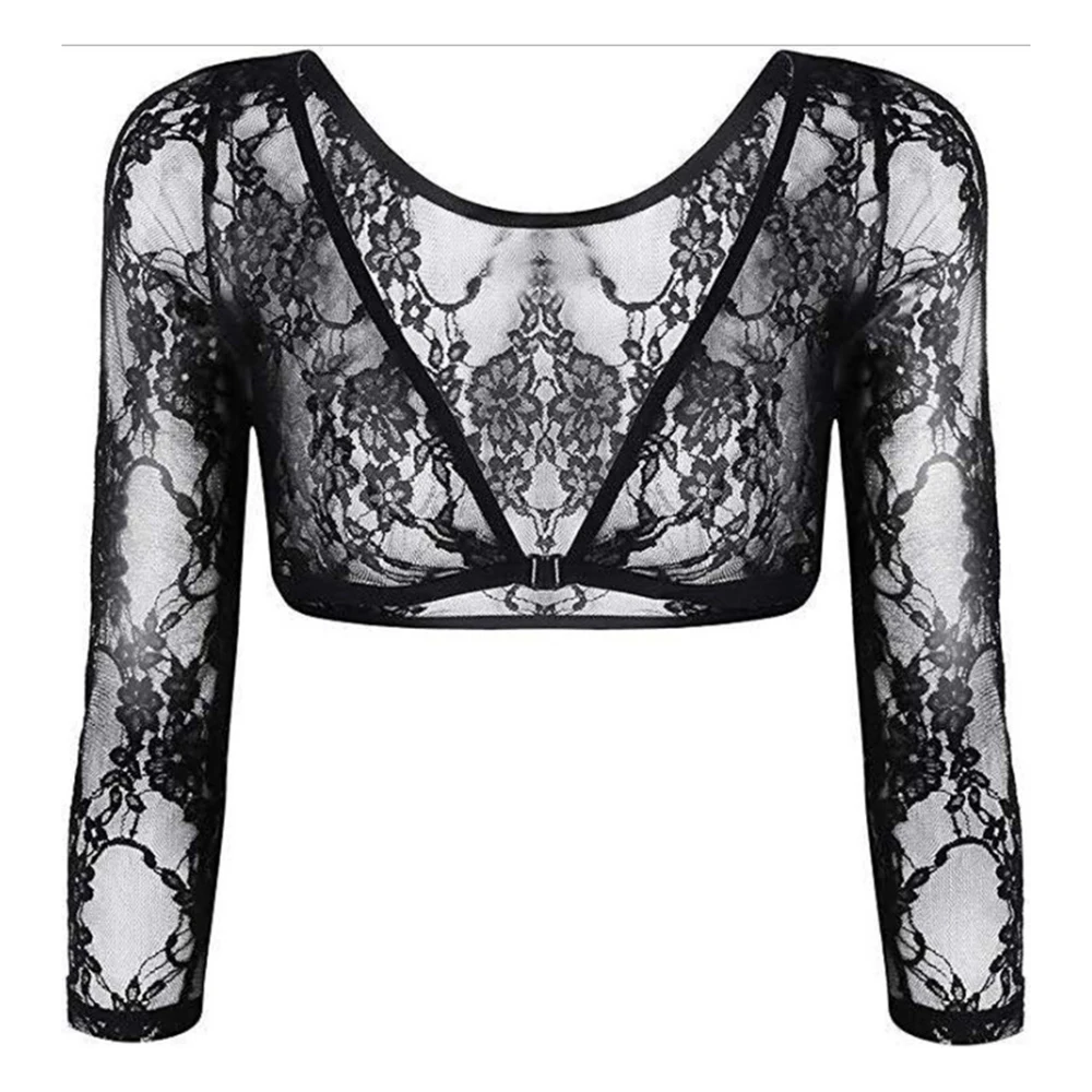 

Seamless Short Deep V-Neck Cardigan 3/4 Sleeves Arm Shaper Womens Slip-On Blouse Floral Lace Mesh See Through