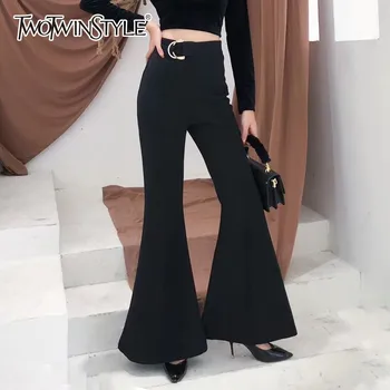 

TWOTWINSTYLE Korean Fashion Long Flare Pants Female High Waist Zipper Black Trousers For Women 2018 Spring Autumn Big Sizes