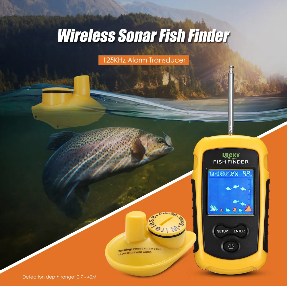 محظوظ FFW1108-1 100 M 125 KHz اللاسلكية الصيد سونار صياد السمك جهاز استشعار إنذار محول LCD تسليط الضوء الصمام السونار صياد السمك