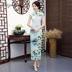 Для женщин Китайская традиционная одежда Qipao печати Cheongsam современный узкие длинные платья Chinoise подобные шелковые Qi Pao ежедневно платье