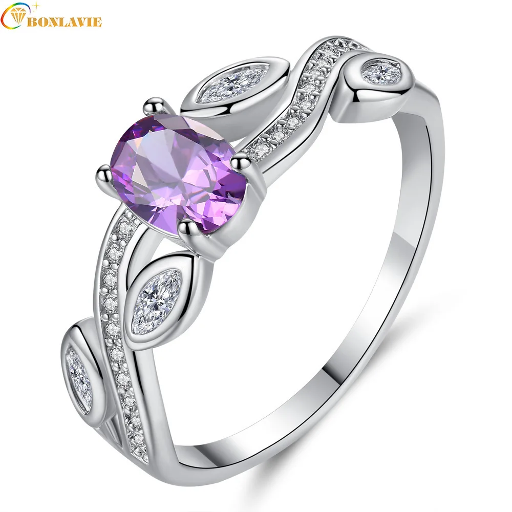 Female Purple Stone Ring Silver Wedding Jewelry Crystal Leaf Promise