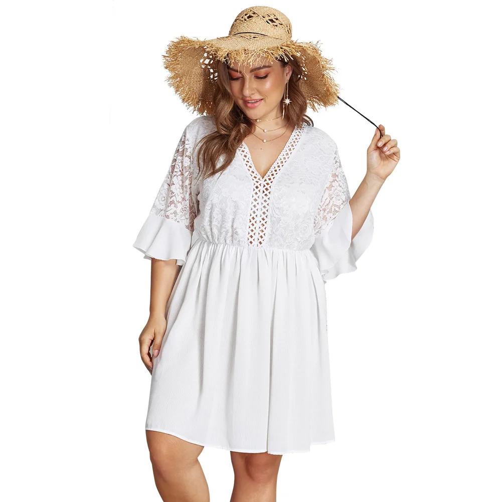 

Plus Size Casual Loose Women's Dress White Butterfly Sleeve Lace Back Dresses V Neck Elegant Evening Party Sexy Club Dresses