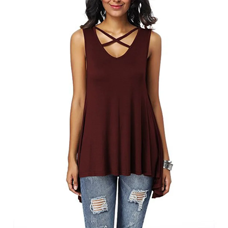 

2019 Women Casual Sleeveless Solid T Shirt Sexy V Neck Tops Tee Loose Irregular Hem Long Top Streetwear Female Camisas Mujer