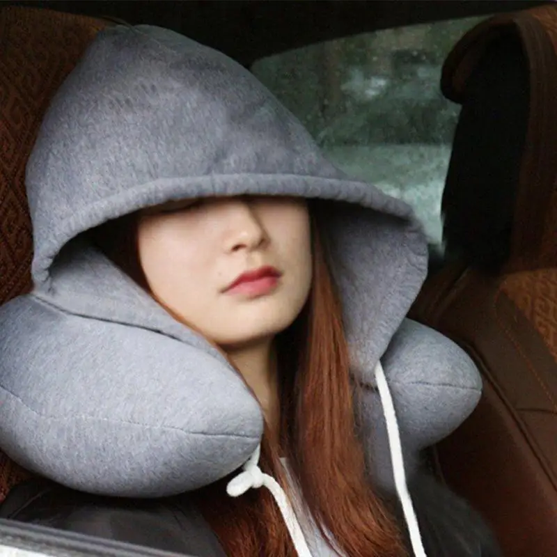 

Adults Portable Solid U-shaped Pillow Drawstring Microbeads soft Hooded Neck pillow for Travel