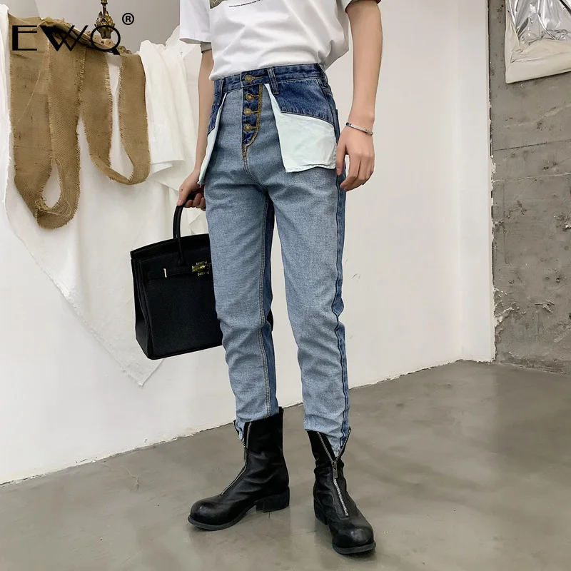 EWQ 2019 Korean Style Unique High waist Jeans Men Casual Personality Slim Straight Ankle length