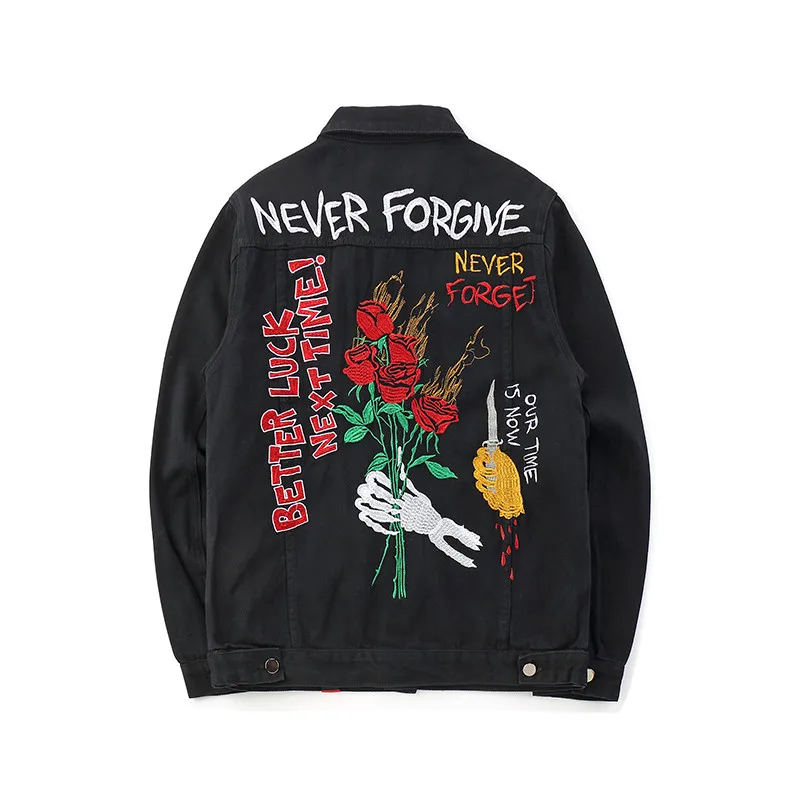 

2018 Fashion Embroidery Rose Skull Denim Jacket Men Korean Casual Cotton Women Men Jean Jackets And Coats Man Hip Hop Streetwear