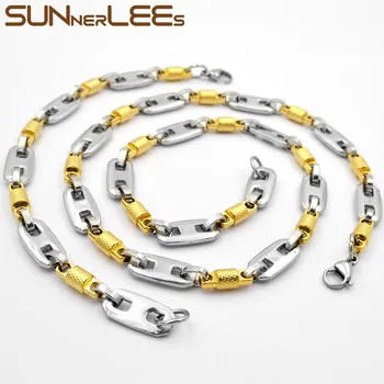 

SUNNERLEES Jewelry Stainless Steel Necklace Bracelet Set 10mm Geometric Link Chain Gold Color Men Women Gift SC115 S