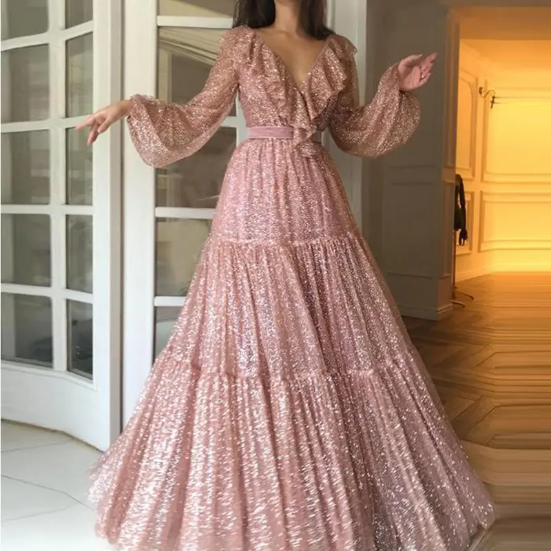 

Summer Elegant Party Vintage Sexy Evening Sweet Women Long Dresses Lantern Sleeve Pleated Sequins Solid Golden Female Maxi Dress