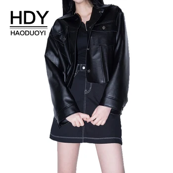 

HDY haoduoyi Street Personality Basic Lapels Symmetrical Pocket Split Line Leather Jacket
