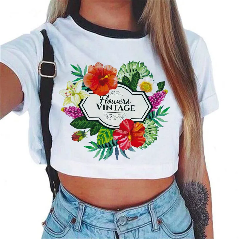 

2019 explosion models European and American women's short-sleeved umbilical print T-shirt free shipping