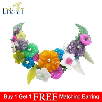 

LiiJi Unique Choker Green Aventurines Crystal Jades flowers leaves Jades toggle clasp Approx 18" StatementNecklace