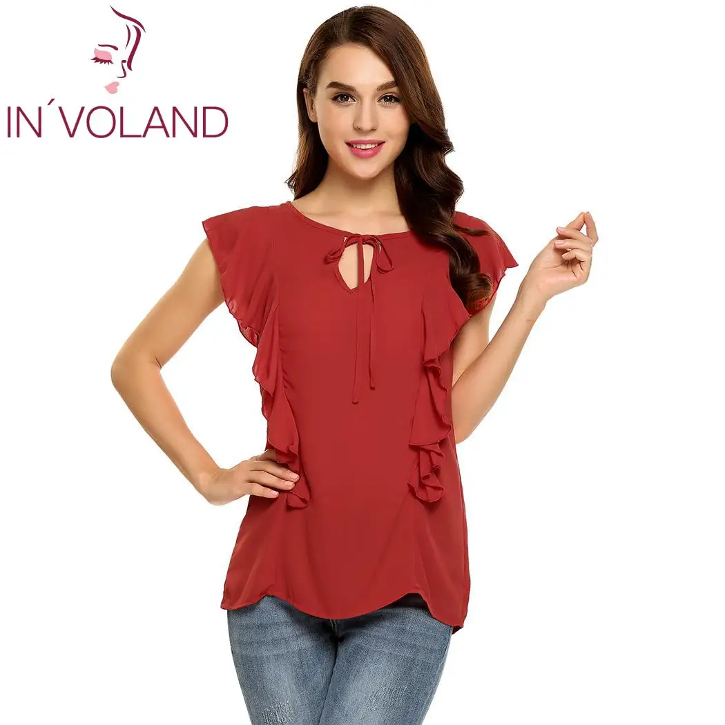 

Brand Women Shirt Tops Sleeveless Lace-up O-neck Solid Chiffon Ruffles Female Summer Casual Tops Clearance