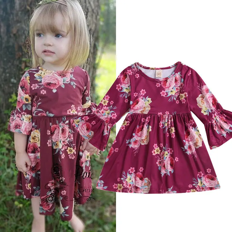 Fashion Floral Toddler Kids Baby Girls Bell Sleeve Princess Party Pageant Dress Clothes |