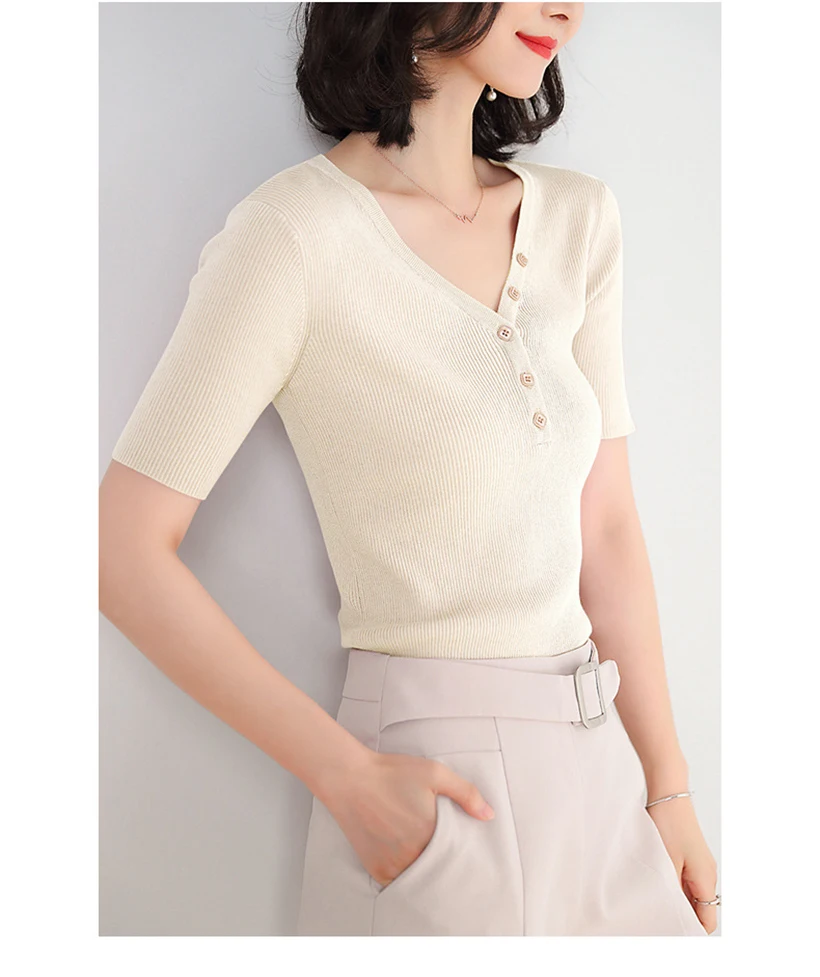 Spring and summer new style Korean women's solid color knitted Chiffon shirt Slim-fit sweater top
